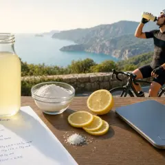 Cycliste buvant sa boisson pour cycliste fait maison, avec les ingrédients et la recette sur la table.
