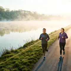 Deux femmes souriantes courent le matin ou le soir sur un chemin près d'un lac brumeux, profitant du soleil levant.
