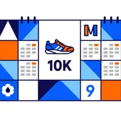 Calendrier stylisé avec une chaussure de course et "10K" au centre. Idéal pour un programme entrainement 10 km.