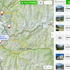 Carte d'un itinéraire de tour du Mont-Blanc en 6 jours, avec les étapes marquées de 1 à 6.