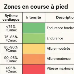 Tableau des zones de fréquence cardiaque pour la course à pied, de l'endurance fondamentale à la vitesse maximale.