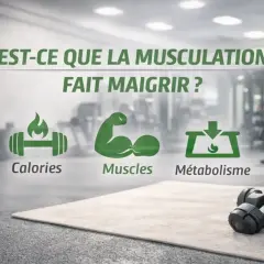 La musculation fait elle maigrir ? L'image montre une salle de sport avec des icônes : calories, muscles et métabolisme.