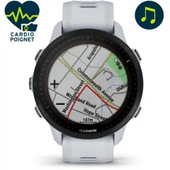 Montre Garmin Forerunner 255 avec cartographie détaillée. Idéale pour le cardio au poignet et la navigation.