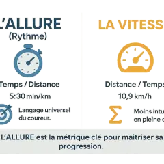 L'allure, mesurée en min/km, est essentielle pour connaître sa VMA et progresser. La vitesse (km/h) est moins intuitive en course.