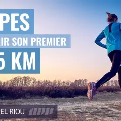 Une femme court en extérieur, le soleil se levant. Le texte indique "5 étapes pour courir son premier 5 km", idéal pour un débutant.
