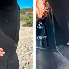 Un homme montre sa combinaison néoprène déchirée, un problème à résoudre pour réparer combinaison néoprène avant la prochaine session.