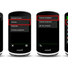 Écrans d'un GPS Garmin affichant des options de navigation, dont la création et la gestion de parcours. On y voit une liste de traces GPX Garmin.