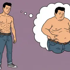 Un homme musclé pense à son ancienne silhouette plus ronde. Le sport favorise la lipolyse pour atteindre ses objectifs.