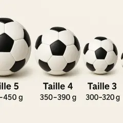 Quatre ballons de foot de tailles différentes, du plus grand au plus petit. Le poids du ballon de foot masculin varie selon la taille, de 180 à 450 g.
