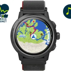 Montre connectée affichant une carte topographique détaillée avec un itinéraire et un indicateur de position. Le **gps cartographique** est prêt pour l'aventure.