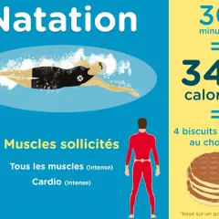 Natation : 30 minutes brûlent 343 calories, l'équivalent de 4 biscuits au chocolat. Un excellent exercice pour tous les muscles et le cardio.