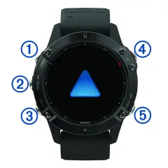 Montre Garmin Fenix 6 Pro avec flèche bleue. Astuce : utilisez les boutons pour naviguer.