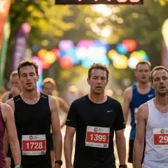 Des coureurs fatigués, visages marqués par l'effort, franchissent le mur du marathon. Les dossards indiquent la progression dans la course.
