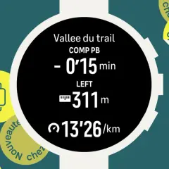 Montre connectée affichant des données de course sur Strava sur Garmin : temps, distance restante et allure.