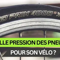Gros plan sur un pneu de vélo électrique, avec le texte "Quelle pression des pneus pour son vélo ?".