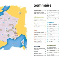Carte de France indiquant des lieux pour faire de la randonnée en France, avec des numéros et des noms de régions.