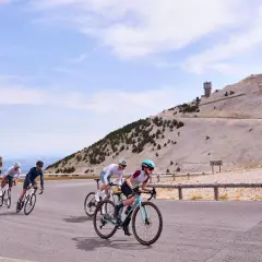 Cyclistes gravissant le Mont Ventoux, avec sa tour emblématique en arrière-plan.