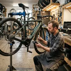 Un mécanicien concentré effectue l'entretien d'un VTT dans un atelier bien rangé, entouré d'outils et de pièces de vélo.