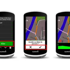 Trois écrans d'un GPS Garmin Edge affichant un parcours virtuel. Le premier montre le menu "Aller", le second demande confirmation pour accéder au début du parcours, le troisième affiche la carte du parcours. Un fichier garmin gpx est prêt à être utilisé.