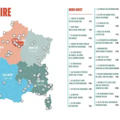 Carte de France divisée par régions, indiquant des points d'intérêt pour la meilleur randonnée France.