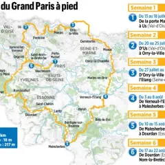 Carte du GR1, un parcours de randonnée de 576,5 km autour de Paris, divisé en 6 semaines.