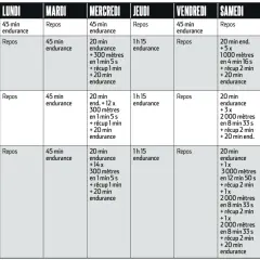Tableau d'entraînement sur 4 semaines pour préparer un marathon, avec des séances d'endurance et de fractionné variées.