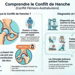 Schéma expliquant le conflit de hanche, ses symptômes comme la douleur à l'aine, et les traitements. Il illustre les effets "Came" et "Pince" et mentionne le muscle de l'aine.
