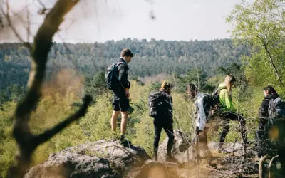 Groupe de randonneurs explorant un sentier forestier, profitant d'une randonnée autour de Paris.
