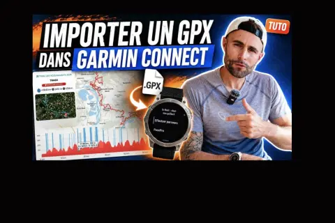 Tuto pour importer un trace GPX Garmin Connect. Un homme montre une montre GPS et une carte de parcours.