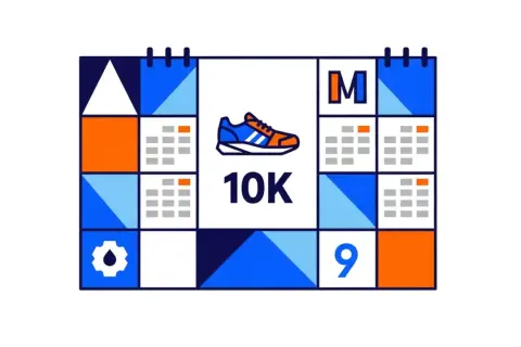 Calendrier stylisé avec une chaussure de course et "10K" au centre. Idéal pour un programme entrainement 10 km.