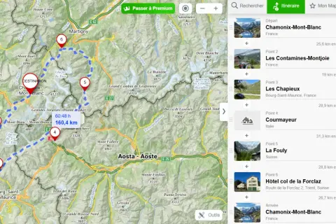 Carte d'un itinéraire de tour du Mont-Blanc en 6 jours, avec les étapes marquées de 1 à 6.