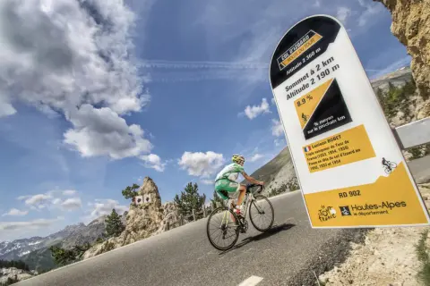 Cycliste en ascension au col d'Izoard, panneau indiquant l'altitude et la pente.