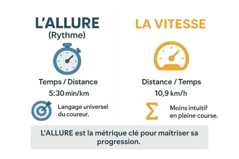 L'allure, mesurée en min/km, est essentielle pour connaître sa VMA et progresser. La vitesse (km/h) est moins intuitive en course.
