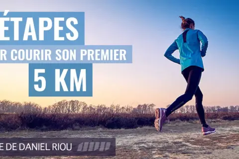 Une femme court en extérieur, le soleil se levant. Le texte indique "5 étapes pour courir son premier 5 km", idéal pour un débutant.