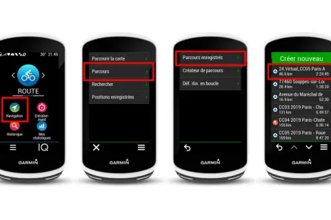 Écrans d'un GPS Garmin affichant des options de navigation, dont la création et la gestion de parcours. On y voit une liste de traces GPX Garmin.