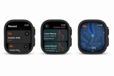 Trois écrans de montre connectée affichant des activités sportives. Le premier montre "Record" avec "Outdoor Walk" et "Outdoor Ride". Le deuxième, "Outdoor Walk", liste des parcours avec distance et dénivelé. Le troisième, une carte GPS, indique une po...