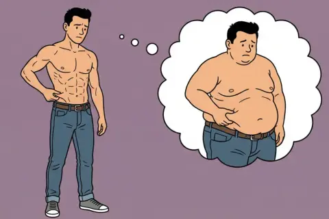Un homme musclé pense à son ancienne silhouette plus ronde. Le sport favorise la lipolyse pour atteindre ses objectifs.