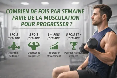 Combien de séance de sport par semaine pour progresser en musculation ? L'image montre 1, 2, 3-4, et 5+ séances par semaine.