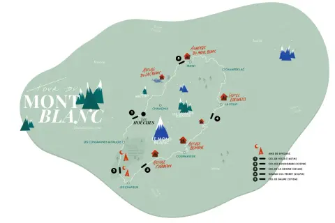 Carte du Tour du Mont Blanc en 7 jours, montrant refuges, cols et la difficulté des étapes.