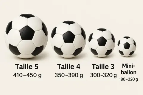 Quatre ballons de foot de tailles différentes, du plus grand au plus petit. Le poids du ballon de foot masculin varie selon la taille, de 180 à 450 g.