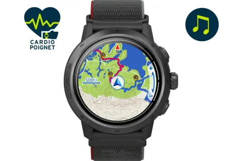 Montre connectée affichant une carte topographique détaillée avec un itinéraire et un indicateur de position. Le **gps cartographique** est prêt pour l'aventure.