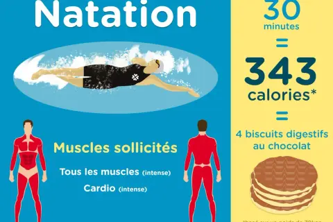 Natation : 30 minutes brûlent 343 calories, l'équivalent de 4 biscuits au chocolat. Un excellent exercice pour tous les muscles et le cardio.