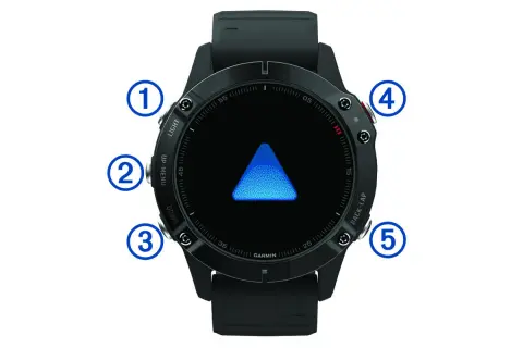 Montre Garmin Fenix 6 Pro avec flèche bleue. Astuce : utilisez les boutons pour naviguer.