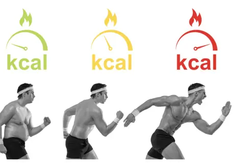 Trois hommes en course, du plus corpulent au plus musclé, symbolisant comment brûler les graisses stockées par le sport et le contrôle des calories.