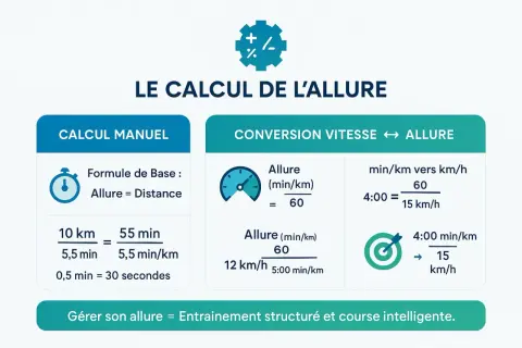 Calcul de l'allure pour la course : manuel et conversion vitesse. Aide à gérer sa zone 2 fréquence cardiaque pour un entraînement intelligent.