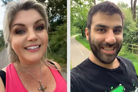 Deux sourires radieux sur un chemin de campagne. Elle, en rose, avec un collier croix. Lui, en noir, sur une route bordée d'arbres. 10000 pas en temps.
