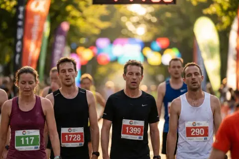 Des coureurs fatigués, visages marqués par l'effort, franchissent le mur du marathon. Les dossards indiquent la progression dans la course.