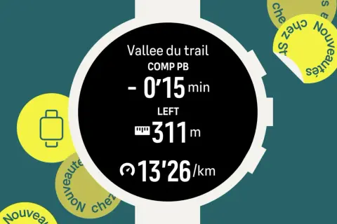 Montre connectée affichant des données de course sur Strava sur Garmin : temps, distance restante et allure.