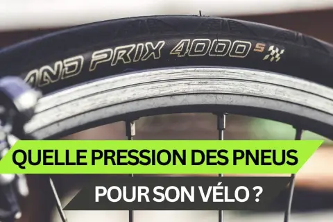 Gros plan sur un pneu de vélo électrique, avec le texte "Quelle pression des pneus pour son vélo ?".