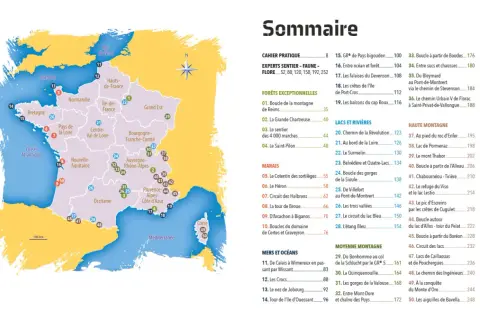 Carte de France indiquant des lieux pour faire de la randonnée en France, avec des numéros et des noms de régions.